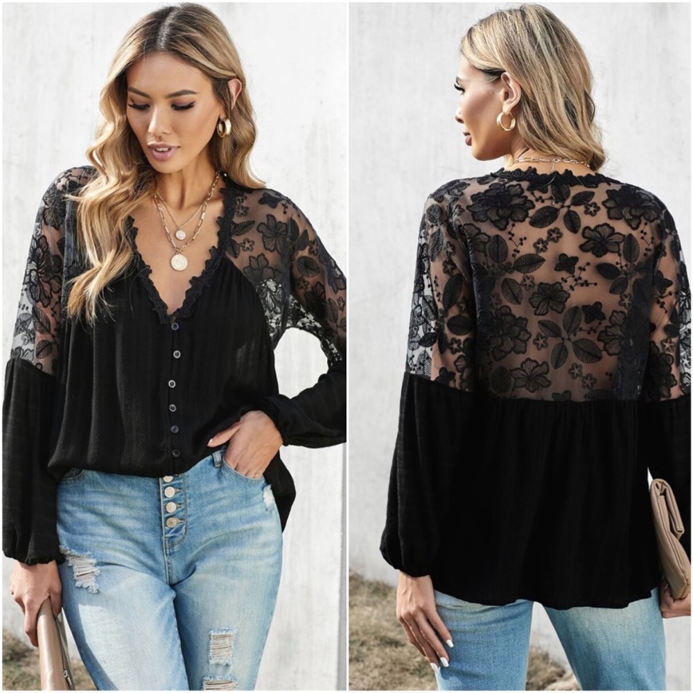 boho floral lace sheer button v neck black top